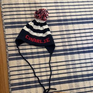 Striped Charlie name Knit Hat with Pom Pom